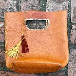 Half United Cognac Brown Soft Leather Cream Stitching Bucket Bag w Tassles